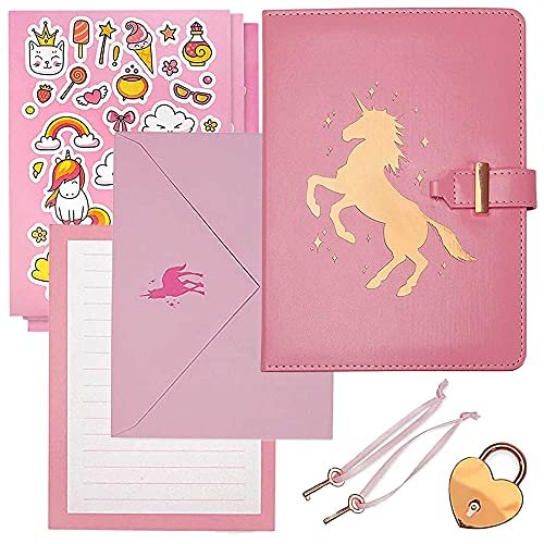 Pink Unicorn Diary for Girls + Matching Notecards, Envelopes, Stickers, & Gift Box with Lock & Two Keys - Cute Journal for Writing & Drawing - Composition Notebooks for Girls - Unicorn Fun!