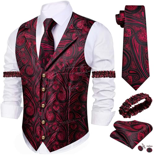 Image of Barry.Wang Mens Silk Lapel /Shawl Collar Vest Tie Sleeve Holder Set Formal /Casual Paisley Vests Wedding Tuxedo Waistcoat