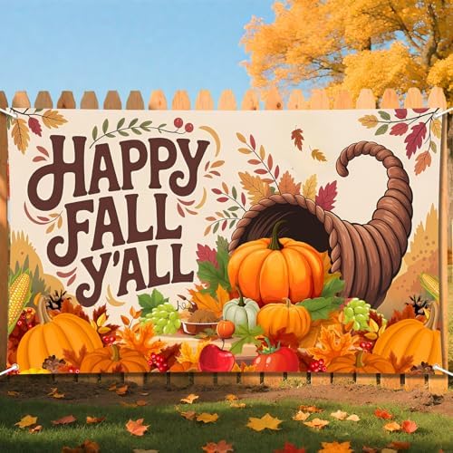 Happy Fall Y'all Backdrop, Fall Thanksgiving Party Banner Pumpkin Leaves Decorations for Outdoor Yard Autumn Thanks Harvest Party Supplies Autumn Decorations 70