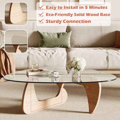 Image of Modern Coffee Table for Living Room and Small Spaces, 35.6 inch x 25.4 inch x 15.8 inch Triangle Tempered Glass Table Top and Solid Wood Base, Natural Wood