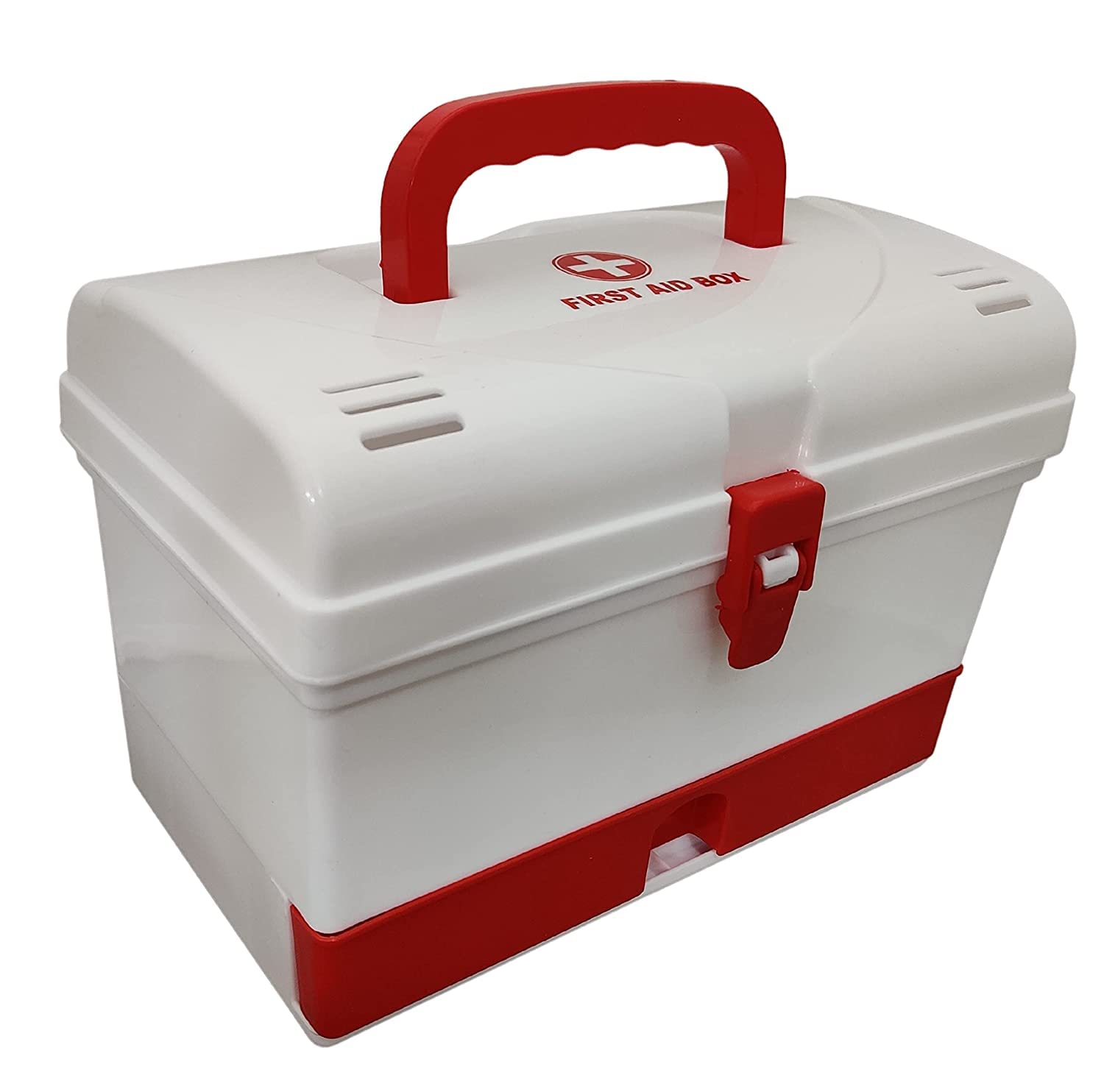 HOME CUBE 1 Pc Multifunction Portable Medicine Organizer Storage Plastic Box, Medical Box, Multi Purpose Box With Extra Drawer Handle for Home Office Camping Travel etc- White/Red, Rectangular