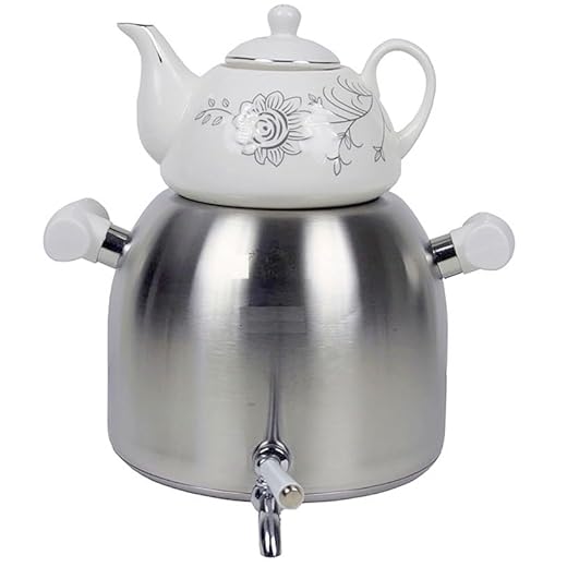 Transitional Modern Large Capacity Classic Iranian Samovar Russian Persian Turkish Tea Maker Water Kettle Heavy Thick Stainless Steel Ceramic Porcelain Teapot 6+1=7 Liter W/Faucet