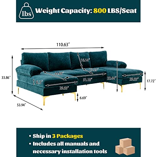 Olela U Shape Sectional Sofa,Modern Large Chenille Fabric Modular Couch,Extra Wide Sofa With Chaise Lounge And Golden Legs For Living Room (Teal) #TOP4