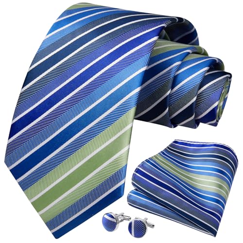 Image of HISDERN Mens Ties Set Stripe Plaid Ties for Men and Pocket Square Cufflinks Formal Silk Necktie Wedding Business