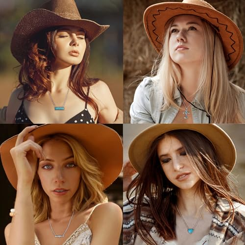 FUNRUN JEWELRY 10Pcs Western Necklaces for Women Turquoise Necklace Cow Tag Lightning Bolt Horseshoe Bar Turquoise Pendant Necklace Cowgirl Boho Western Jewelry Set4