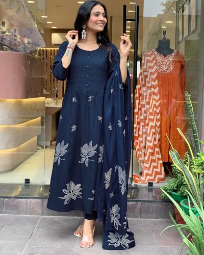 Image of GoSriKi Women's Rayon Blend Anarkali Printed Kurta with Pant & Dupatta | Ethnic Kurta Pant Dupatta Set for Women | Traditional Indian Wear Outfit