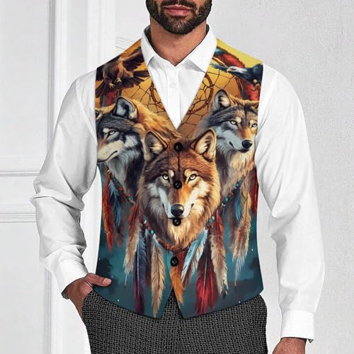 Wolf Dreamcatchers Suit Vest for Men Slim Fit Tuxedo Waistcoat Button Down V Neck Business Dress Coat4