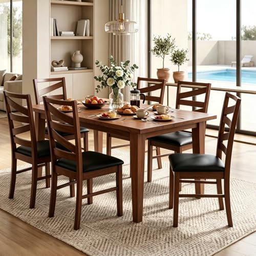 Image of COSTWAY Wooden Dining Chairs Set of 6, Farmhouse Kitchen Side Chair with High Back, PVC Leather Padded Seat, Armless Chairs for Dining Room, Living Room, Home Kitchen, Restaurant (Walnut & Black)