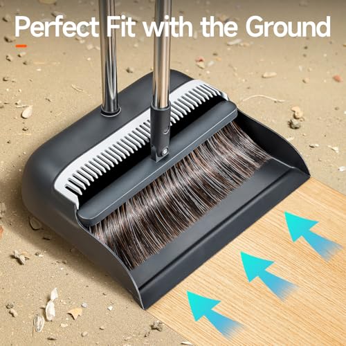 Image of Broom and Dustpan Set for Home, Extra Brush Head & 51.6 inch Adjustable Long Handle, with Comb Teeth for Pet Hair, Lightweight Indoor Sweeping Kit for Hardwood Floor