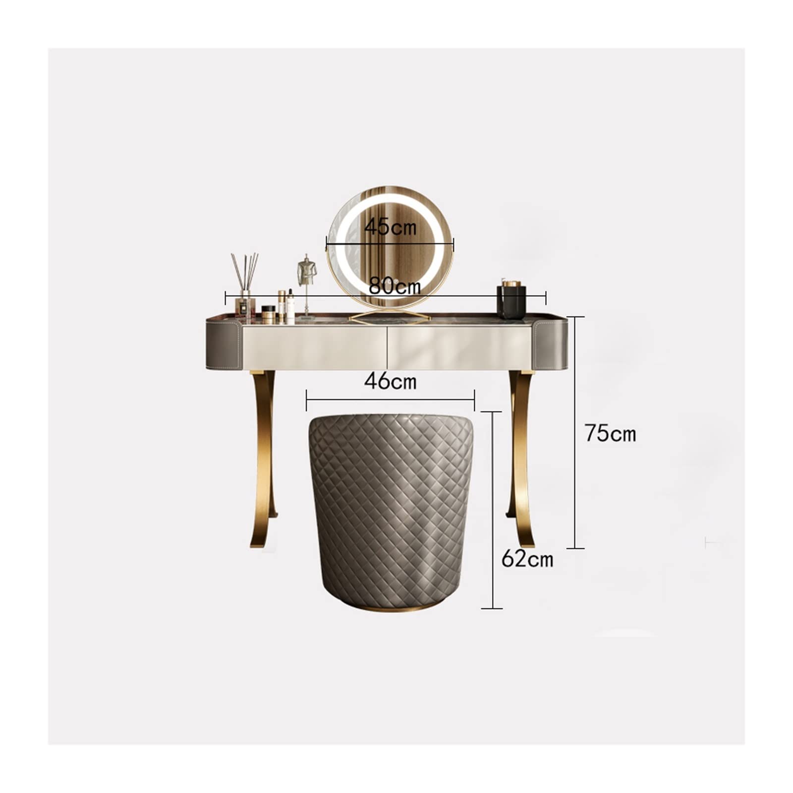Set di tavolo da trucco minimalista dorato con specchio e sgabello, elegante armadietto portaoggetti dal design semplice per camera da letto e toeletta, dimensioni 80 cm, perfetto per gli amanti del