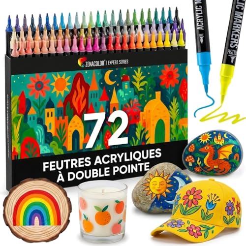 Zenacolor - Feutre Acrylique 72 Couleurs - Double Pointe - Pinceau & Fine - Feutres pour Coloriage Adulte - Feutres Acrylique Idéal pour Multi-Surfaces