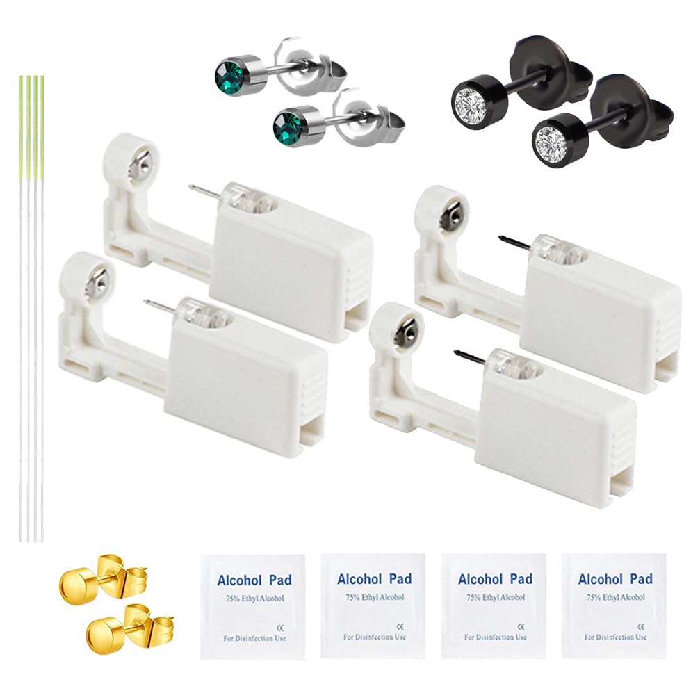 Self Ear Piercing Kits - 18pcs/Set Painless Disposable Sterile Gun with Hypoallergenic Studs,Safety Ear Piercing Gun Kit Tool (Silver203+Golden204)