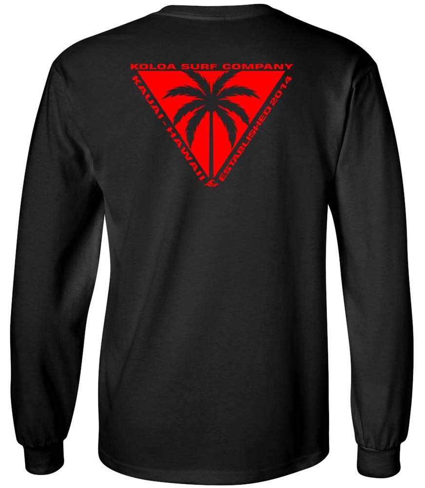 Koloa Surf Company Mens Long Sleeve Tee- Large, Black/Red Triangulated Palm Logo
