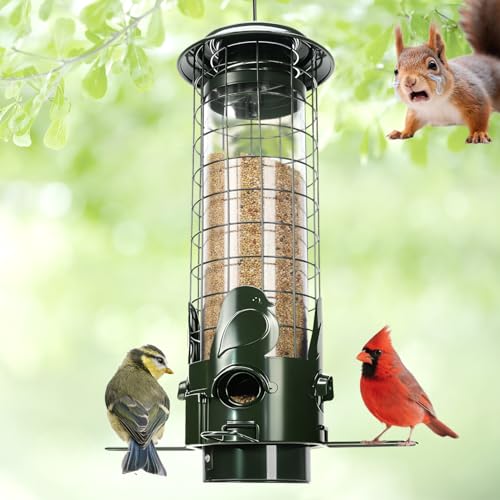 Squirrel Proof Bird Feeder Metal,Wild Bird Feeders for Outdoors Hanging,Gravity Protection Squirrel-Proof Mesh Birdfeeders with Finch Cardinal Chickadee,3LB-Green