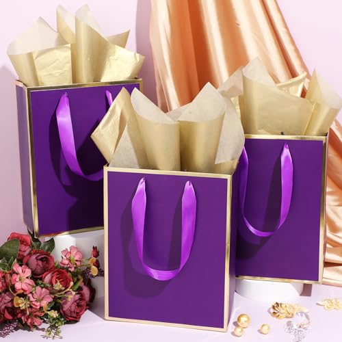 Image of Yeaqee 24 Pack Metallic Paper Gift Bag with Tissue, Purple Gold | with Satin Ribbon Handle and Tissue, 9x7x3.1 Inch, Suit Business, Birthday, Christmas, Thank You Return Gifts Bags