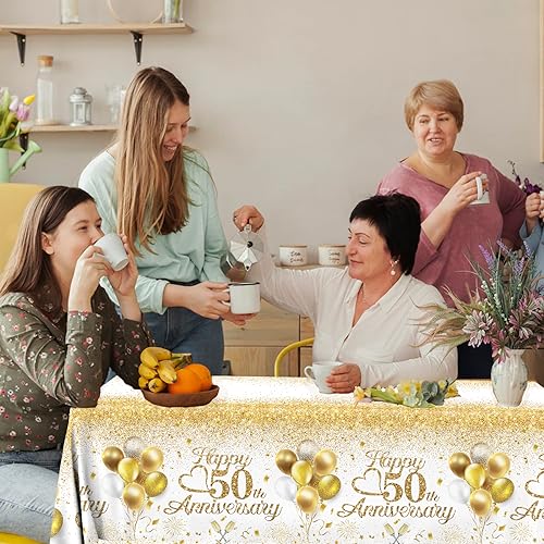 Image of Happy 50th Anniversary Table Cloth,50 Year Anniversary Decorations 3Pcs White and Gold Tablecloth Waterproof Rectangular Table Cover for 50 Year Old Birthday Party Supply