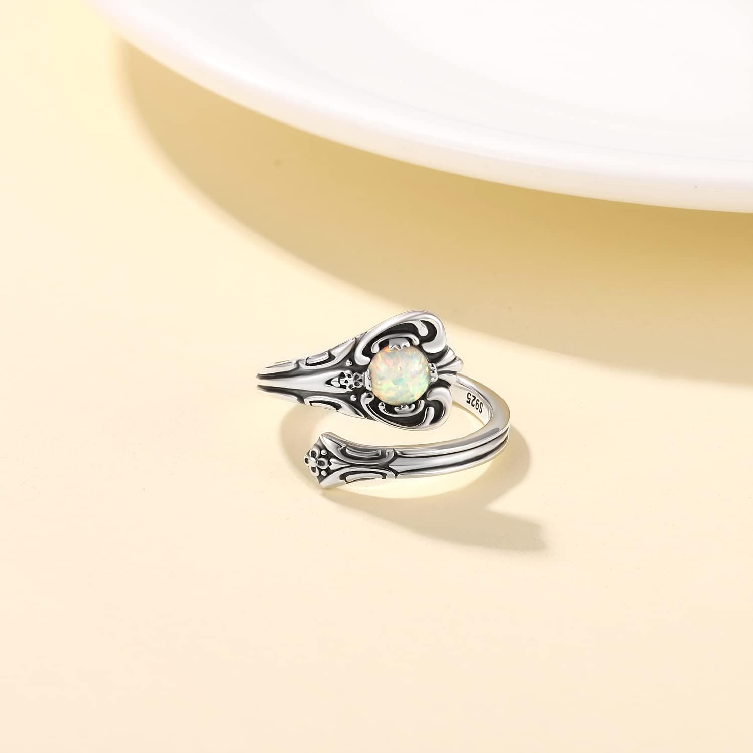 STROLLGIRL S925 Sterling Silver Opal Spoon Ring Boho Adjustable Wrap Vintage Promise Ring
