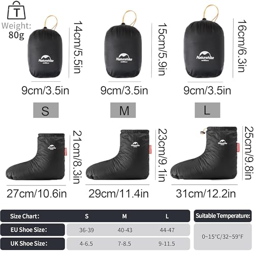 Naturehike Ultralight Winter Goose Down Booties, Camping Warm & Cozy Down Sleeping Socks for Men & Women, Down Filled Slipper Boots with Storage Bag (L, Goose Down-Black)2