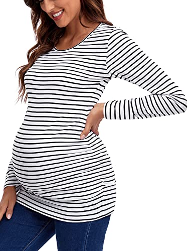 Love2Mi Women's Maternity Tunic Tops Flattering Side Ruching Long Sleeve Scoop Neck Pregnancy T-Shirt #TOP2
