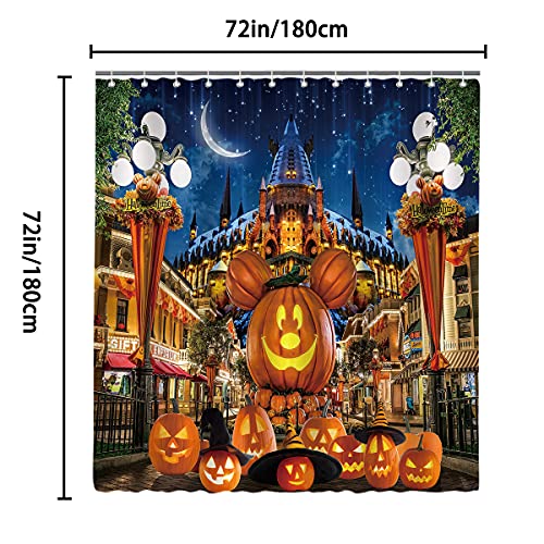 Dephoto Halloween Shower Curtain For Bathroom Kids Cartoon Pumpkin Wizard Hat Moon Castle Star Street Lamp Poliester Fabric Decoration Water Proof With 12Hooks 72X72Inch #TOP5
