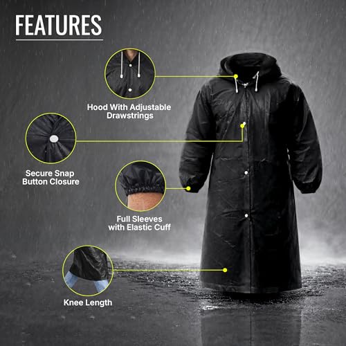 Image of Robustt EVA Reusable Raincoat with Hood (Black) - Pack of 1 | Elasticated Full Sleeves Outdoor Waterproof Raincoat for Men & Women | Rainwear | Button Closure | Knee Length | Universal Fit