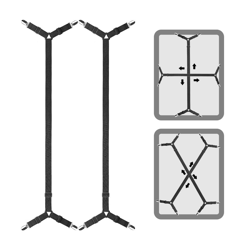 FEimaX Bed Sheet Holder Straps, Sheets Fasteners Crisscross Bedsheet Clips Elastic Adjustable Bed Corner Holders Fitted Sheet Grippers for Bedding Mattress Pad (2Pcs Set, Black)