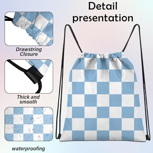 Drawstring Backpack String Sports Bags for Swimming Waterproof Aesthetic Sackpack for Unisex Women Beach (13"×17"-Blue Checkered3