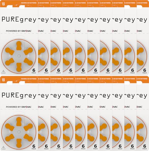 PUREgrey - Pilas para audífonos tipo 13 – 120 unidades para audífonos diseñados para el máximo rendimiento, paquete de 20 blísteres de 6 pilas para audífonos, código de color naranja PR48, 1,45 V
