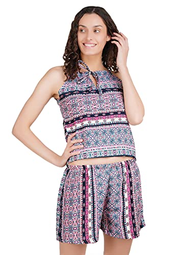 Image of Women's American Crepe Multicolor Printed Night Suit Set of Top & Shorts