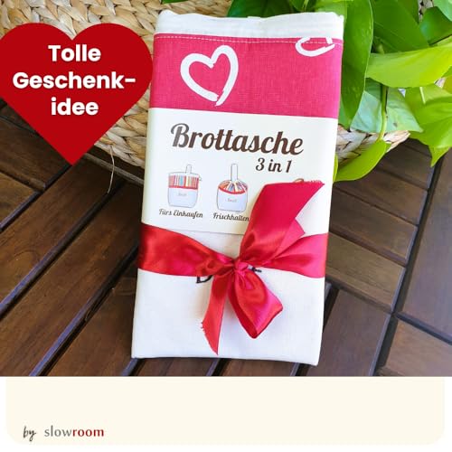 Foto von slowroom Brotbeutel zur Brotaufbewahrung und Frischhalten 3 in 1 - Brotkorb Stoff  - Brottasche aus Baumwolle - Brotkasten 32 x 35 cm, Herzen