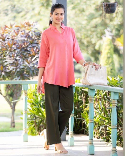 Image of Mlada Rayon Flare Top for Women | 3 /4th Sleeve Regular Fit and Flare Top | Women Office Tops Tunic | Western Long Shirt Top for Women | Shirt Collar Top for Women | Rayon Tunic Tops for Women Western