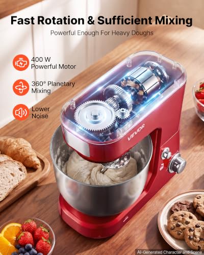 Image of VEVOR 5.3+4.2 Qt Tilt Head Stand Mixer 400W Electric Dough Mixer, 3 Speeds Food Kitchen Mixer with Stainless Steel Bowl, Splash Guard, Dough Hook, Whisk, Beater, for Baking Mixing Whipping