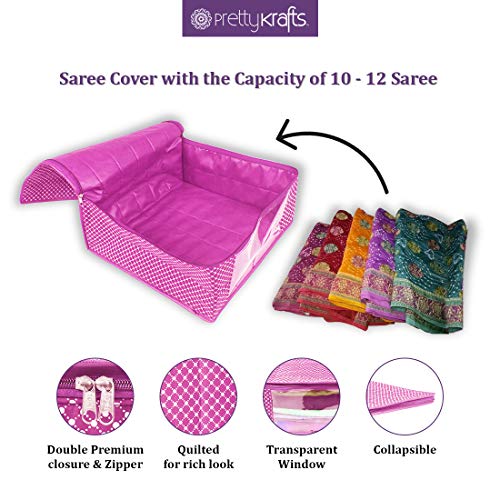Image of PrettyKrafts Cotton Quilted Large Sari Cover Bag with transparent window, Pack of 6, Pink