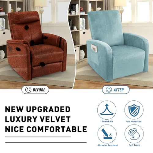 Image of ZNSAYOTX 2026 Velvet Small Recliner Cover 3-Piece, Luxury Plush Recliner Chair Covers with Elastic Band & Ties Stay in Place, Stretch Reclining Slipcover for Lazy Boy Soft Washable (Stone Blue)