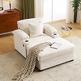 GRAINLLE Oversized Chaise Lounge Chair with Ottoman, 58'' Comfy Reading Nook Chair with Cup Holders & USB Charging Ports, Accent Chair with Ottoman for Living Room, Bedroom, Apartment (Ivory)