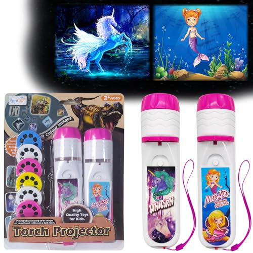 Pup Go Mermaid & Unicorn Torch and Projector for Kids Ages 3+, 2-Pack with 6 Discs and 48 Images