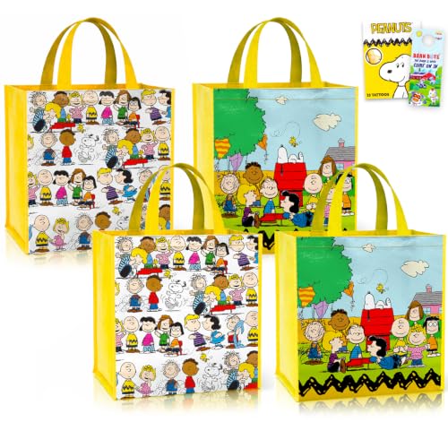 Peanuts Tote Bags for Kids, Adults - 7 Pc Bundle with 4 Snoopy and Charlie Brown Tote Bags Plus Tattoos, More | Snoopy Gifts for Kids