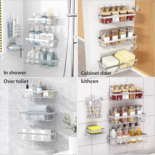 Image of Liuoud 10 Pack Shower Caddy Organizer Rack Shelf for Inside Shower, Self Adhesive Wall Storage Basket Rustproof Stainless Steel Shampoo Holder Bathroom Accessory Decor Set, Silver