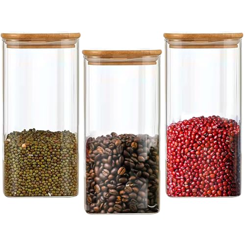 NAVACALA Square Glass Storage Jars with Lids 1500ML Set of 3 - High Borosilicate Glass Airtight Kitchen Food Canisters Cylinder Clear Preserving Seal Containers with Lid 1500ml