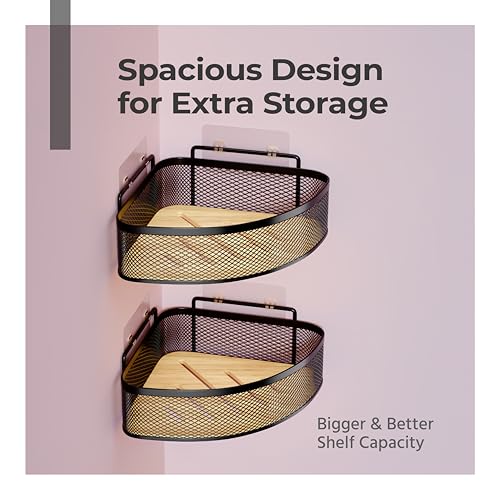 Image of Lifelong Bathroom Corner Shelf for Storage | Pack of 2 | Mesh Wire Basket with Bamboo Tray | Dual Installation - Adhesive Sticker & Screws | Strong and Durable, Easy Install (Black, LLHIBCB01)