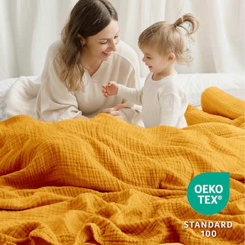 Image of 100% Cotton Muslin Blanket for Adults, 6-Layer, Queen, 90 x 90, Yellow