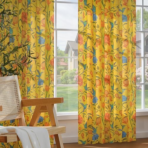 Image of JOOJA Mustard Yellow Floral Linen Curtains, Boho Whimsical Bird Print Curtains for Bedroom Window Colorful Patterned Sheer Curtains for Living Room Kitchen 2 Panels 96 Inches Long