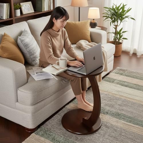 Image of Modern C-Shaped Side Table for Sofa & Bed | Brown Laptop Snack Table | Space-Saving Couch Side End Table for Living Room Bedroom | Portable Coffee Table for Home Office (C Brown)