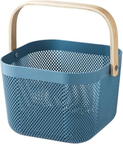EVREFIN野菜や果物用の木製ハンドル付き収納バスケット、多機能、水切り、省スペース、ポータブル収納バスケット (小さい,ブルー)
