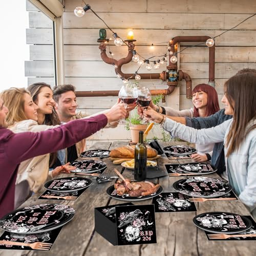 Image of Qyeahkj 100 Pcs 30th Birthday Party Supplies Death to My 20s Paper Plates and Napkins Set Disposable Black Rose Gold Rip to My 20s Tableware Decorations for Women Funeral Youth Party Serve 25 Guests