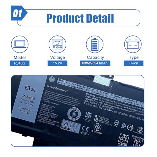 Image of 63Wh RJ40G 4-Cell Laptop Battery Compatible with Dell Latitude 14 5420 Latitude 15 5520 Precision 15 3560 Series Notebook P137G P137G001 P104F P104F001 0WK3F1 0M3KCN 005R42 15.2V 3941mAh