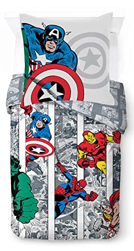 Marvel Comics Comic Cool, Parure de lit Enfant 140x200 cm, 100% Coton, lit 1 Personne - Comprend 1 Housse de Couette 140x200 cm, & 1 taie d'oreiller 80x80 cm
