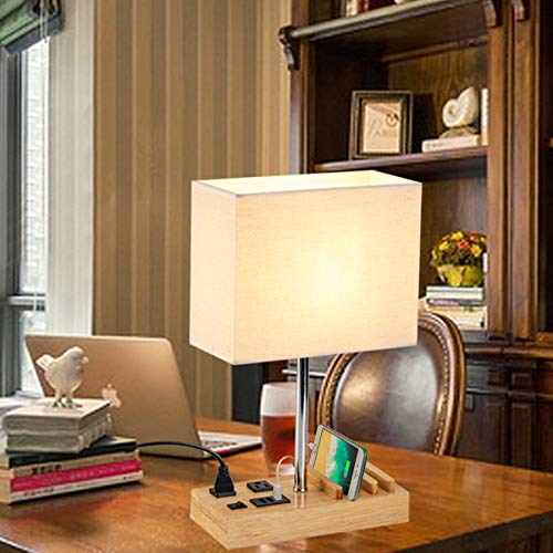 Dreamholder Desk Lamp With 3 Usb Charging Ports, 2 Ac Outlets And 3 Phone Stands, Modern Usb Table Lamp With Natural Wooden Base And Cream Linen Shade #TOP5
