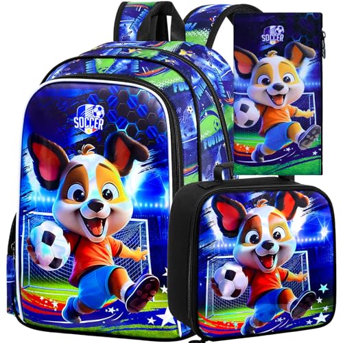 Image of 16 inch Dog Soccer Backpack Set for Boys 4-8, 3Pcs Kindergarten School Bag with Football Lunch Box & Pencil Case, Durable Bookbag (Blue)