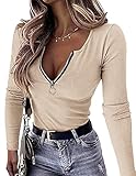 OwnTime Womens Sexy Tops Long Sleeve Henley Shirts Fitted Low Cut Tops Ribbed Zipper V Neck Cleavage Fall Shirts Blouses Cream-Coloured M